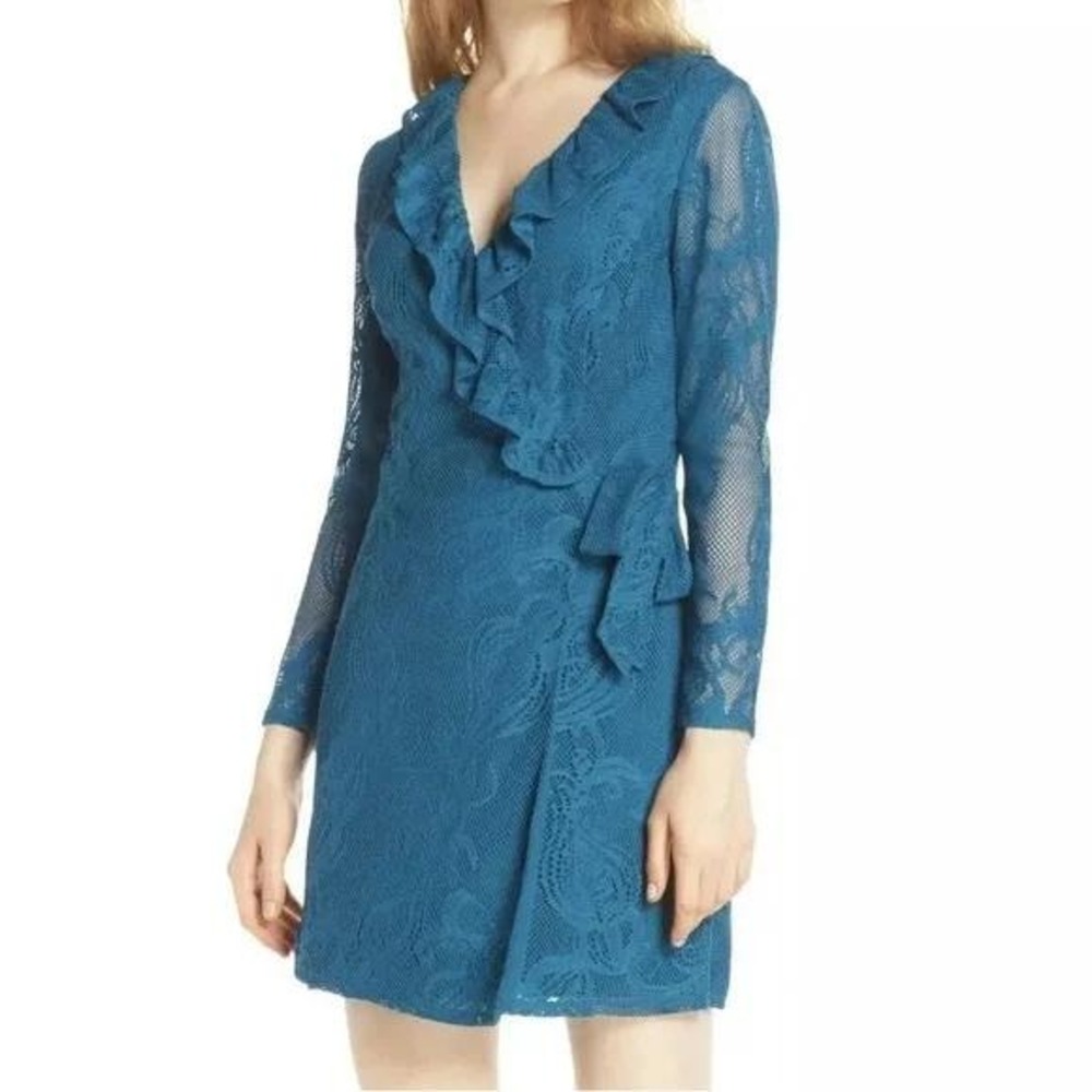 NWT Lilly Pulitzer Tiki Wrap Ruffle Romper Crochet Lace Long Sleeve Teal Blue XS